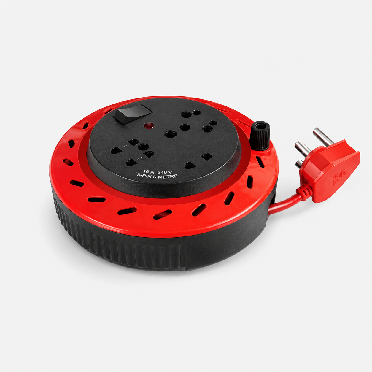 Maru 16A 240V Heavy-Duty Extension Cord Reel with Universal Sockets, 3-Pin Plug & 5 Metre Cable – Red & Black