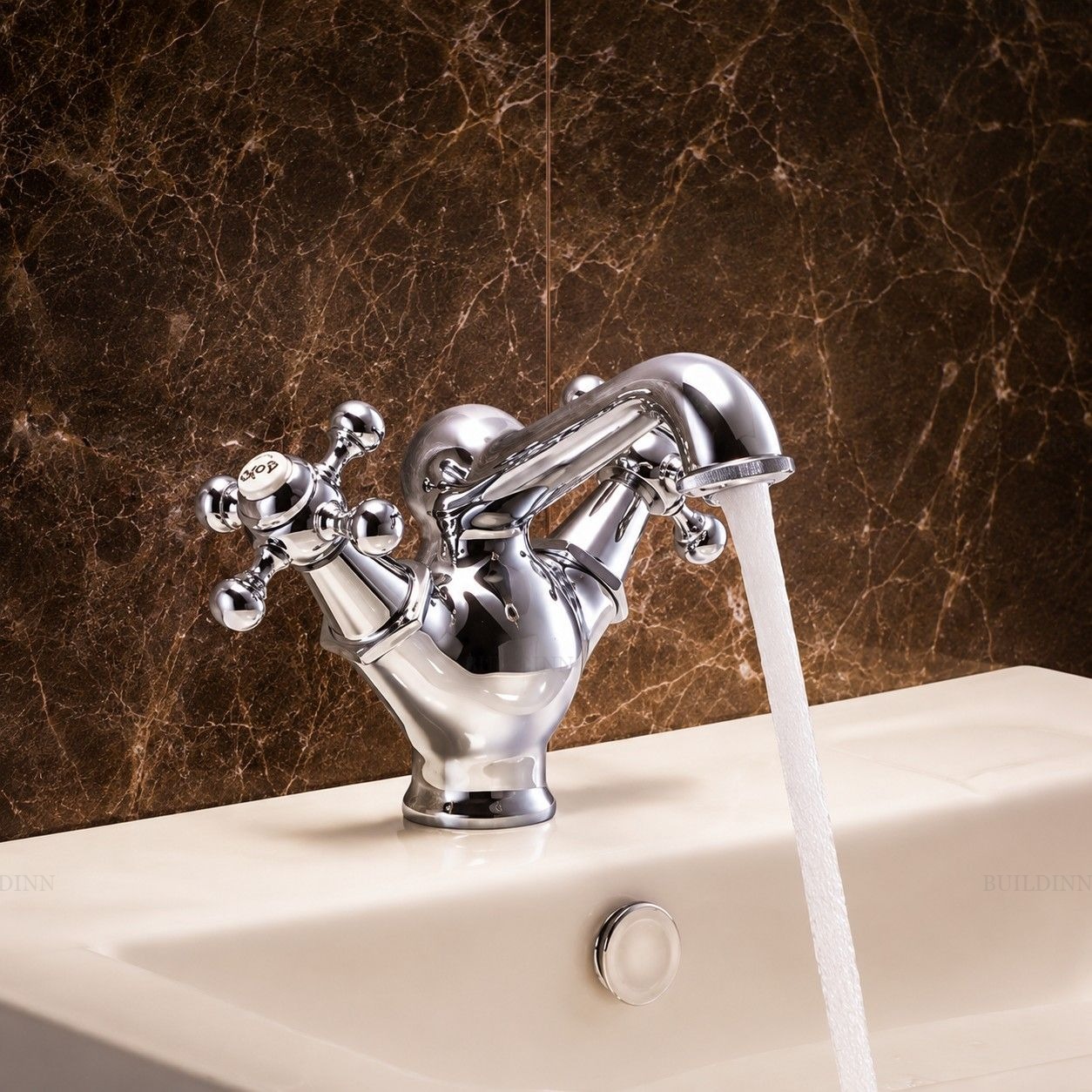 Premium Classic Dual Handle Basin Mixer Tap | Deck Mounted Chrome Bathroom Faucet | Cross Handle Wash Basin Mixer